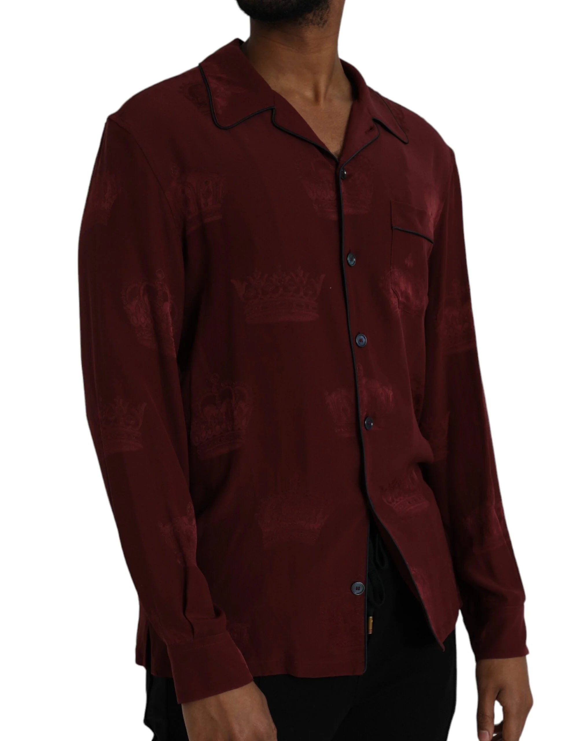 Dolce & Gabbana Maroon Crown Jacquard Silk Long Sleeve Shirt - Shirts