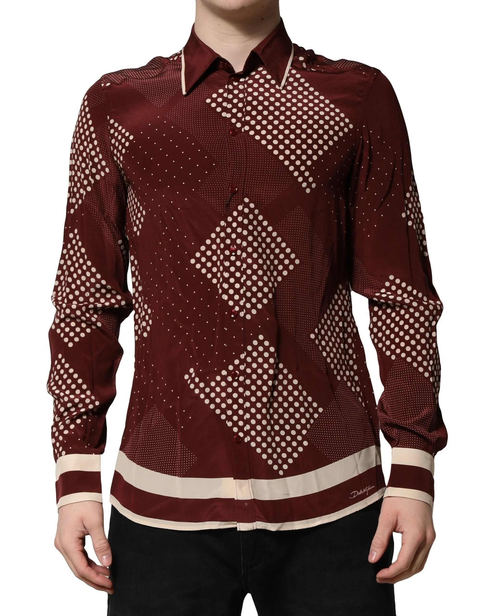 Dolce & Gabbana Maroon Dotted Silk Long Sleeve Casual Shirt - IT40 | M - Shirts