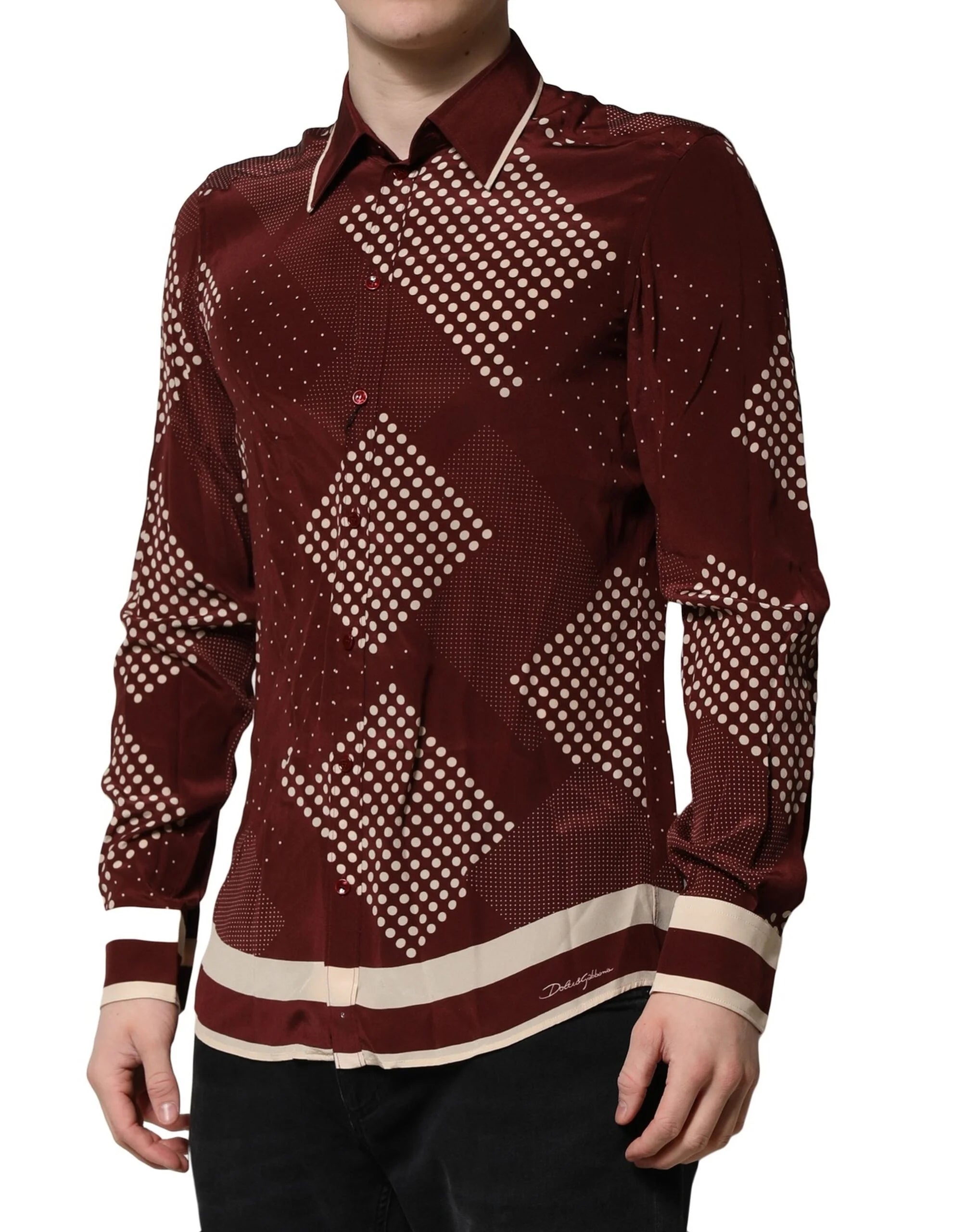 Dolce & Gabbana Maroon Dotted Silk Long Sleeve Casual Shirt - IT40 | M - Shirts
