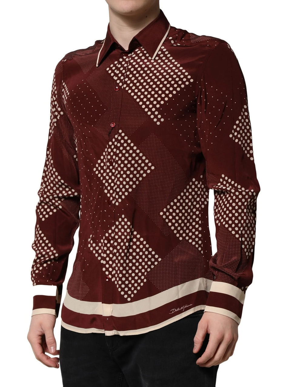 Dolce & Gabbana Maroon Dotted Silk Long Sleeve Casual Shirt - IT40 | M - Shirts