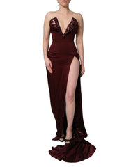 Dolce & Gabbana Maroon Embellished Vneck Evening Gown Dress - IT44 | L