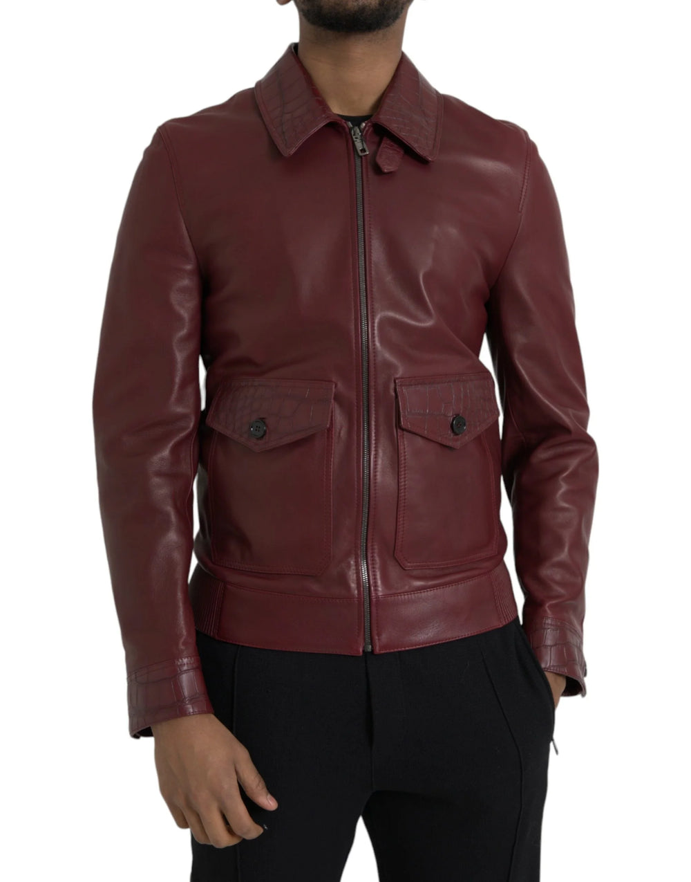 Dolce & Gabbana Maroon Exotic Leather Zip Biker Coat Jacket - IT48 | M - Bomber Jackets