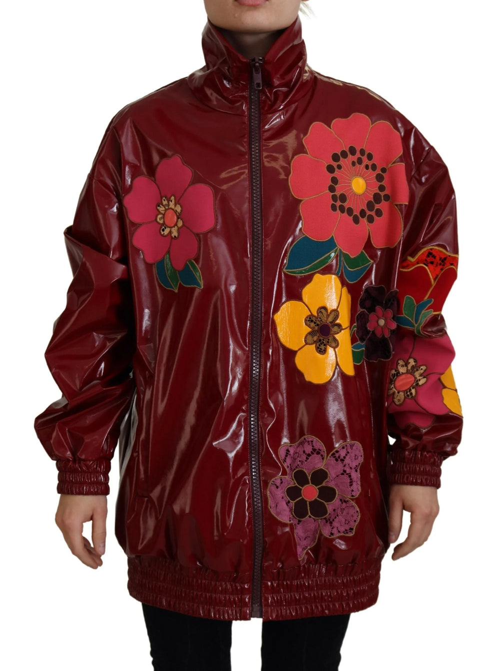 Dolce & Gabbana Maroon Floral Full Zip Polyester Women Jacket - IT40|S - Track Jackets