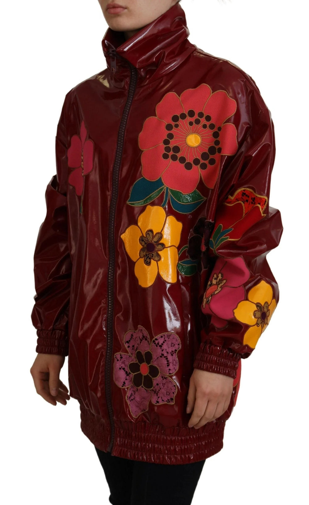 Dolce & Gabbana Maroon Floral Full Zip Polyester Women Jacket - IT40|S - Track Jackets