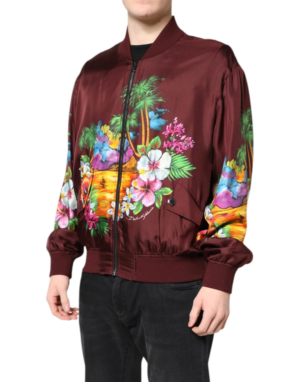 Dolce & Gabbana Maroon Floral Print Full Zip Bomber Jacket - Bomber Jackets