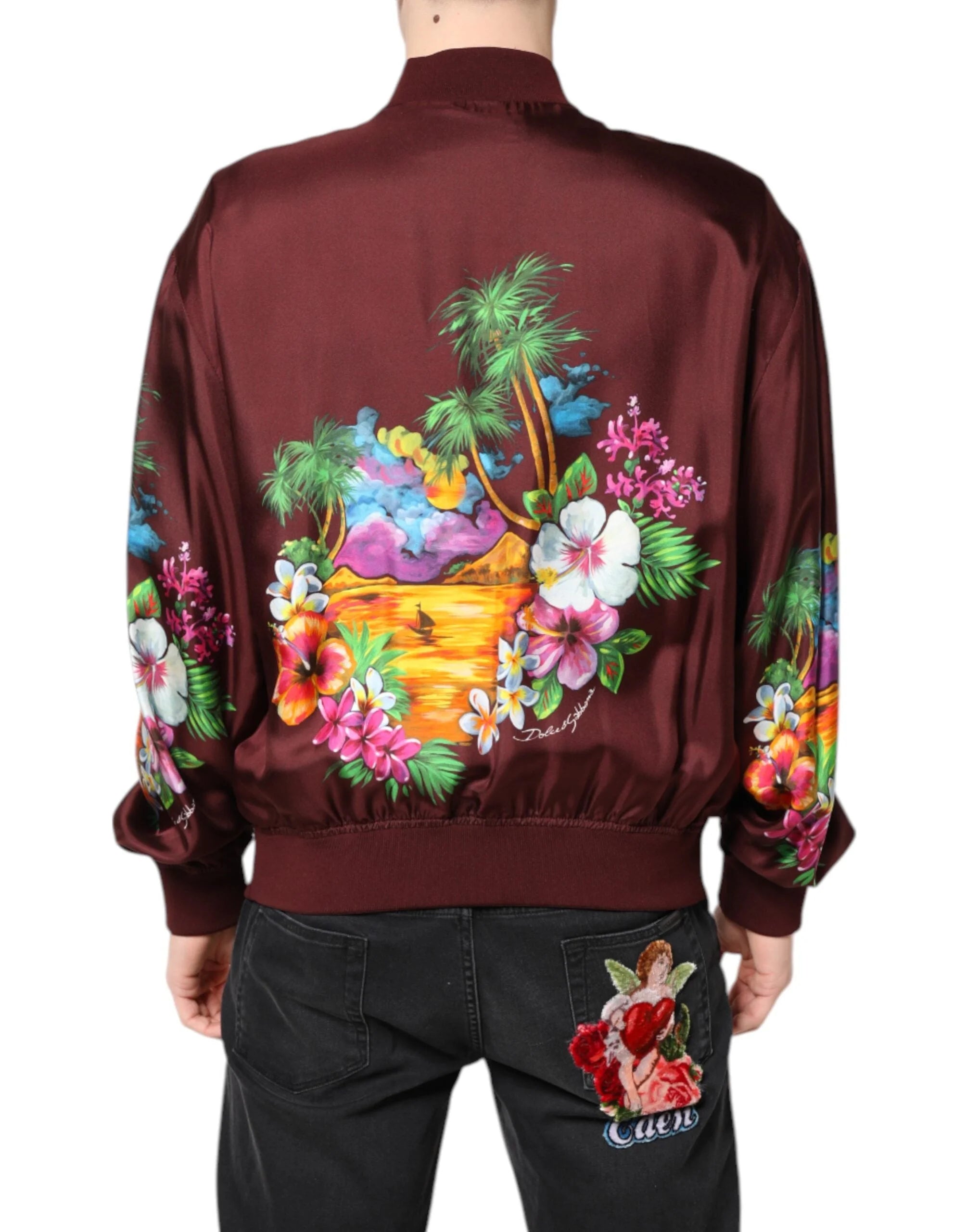 Dolce & Gabbana Maroon Floral Print Full Zip Bomber Jacket - Bomber Jackets