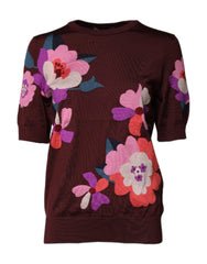 Dolce & Gabbana Maroon Floral Silk Crew Neck Blouse Top - IT44 | L - Blouses