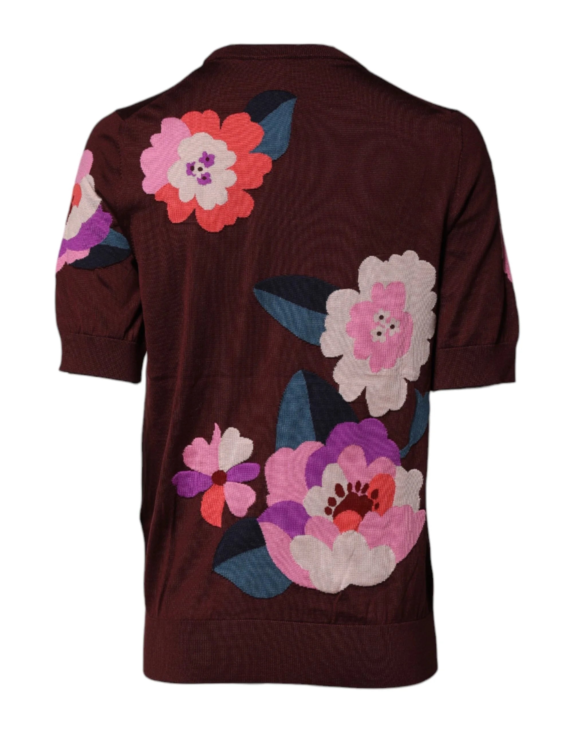 Dolce & Gabbana Maroon Floral Silk Crew Neck Blouse Top - IT44 | L - Blouses
