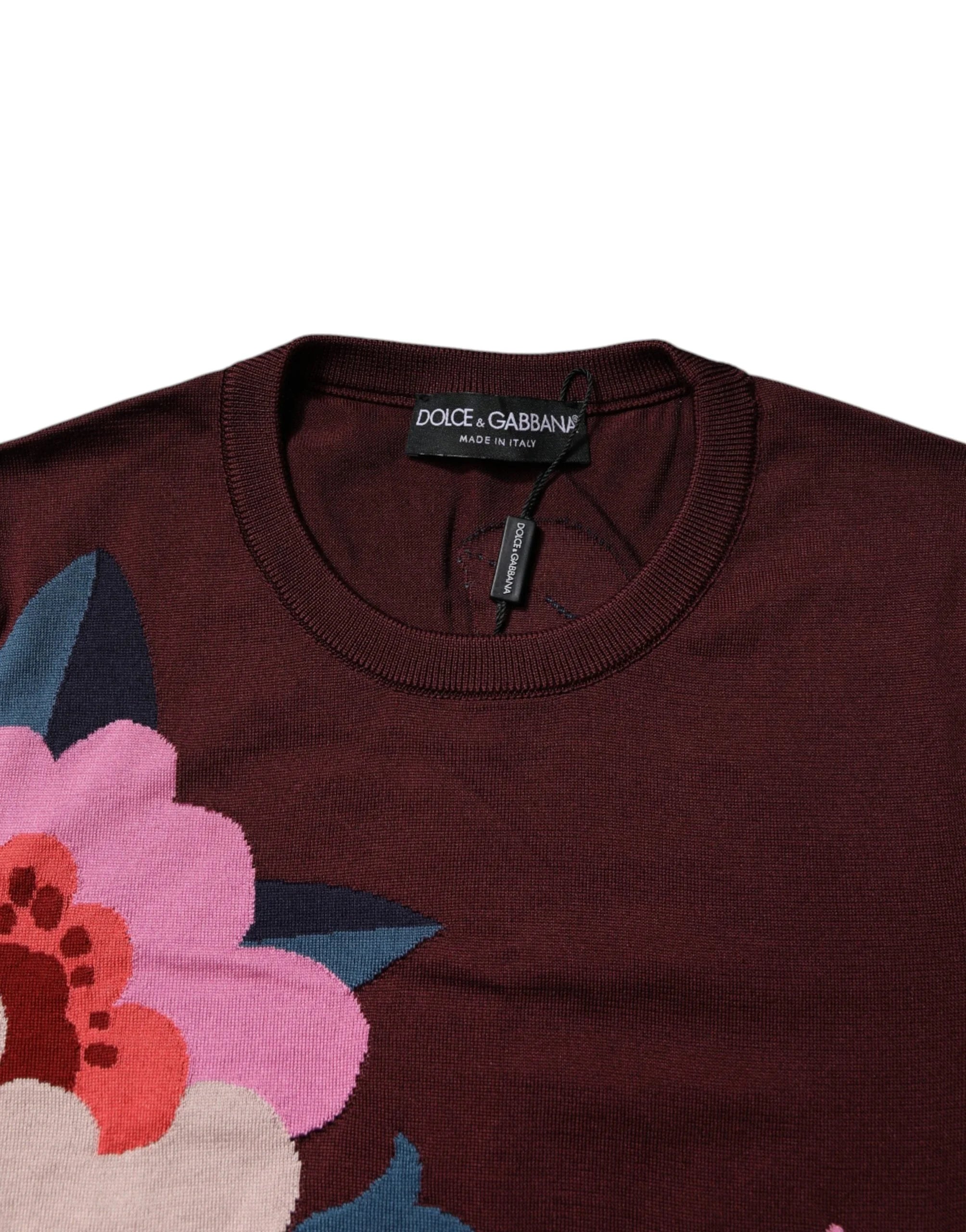 Dolce & Gabbana Maroon Floral Silk Crew Neck Blouse Top - IT44 | L - Blouses