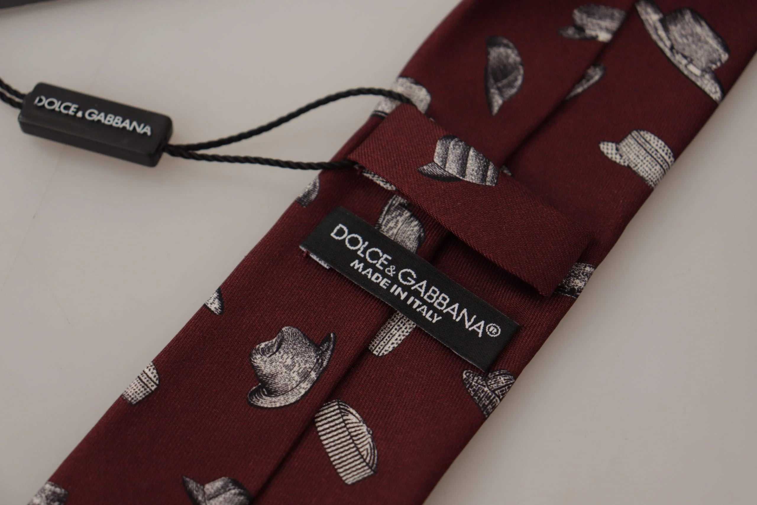 Dolce & Gabbana Maroon Hat Pattern 100% Silk Adjustable Accessory Tie - Neckties