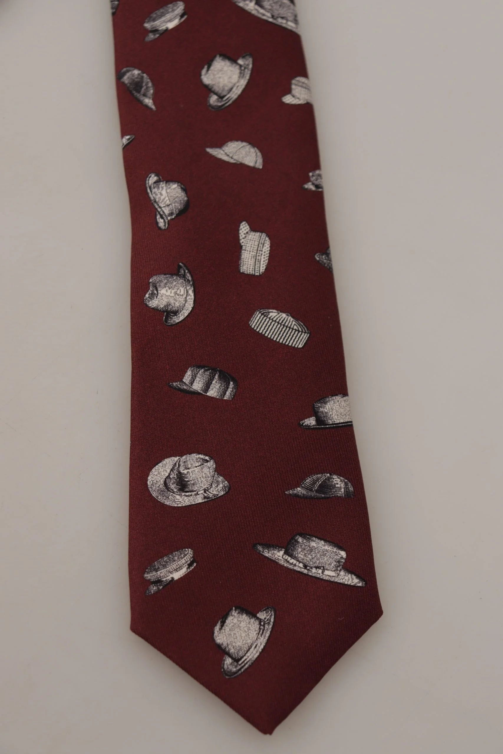Dolce & Gabbana Maroon Hat Pattern 100% Silk Adjustable Accessory Tie - Neckties