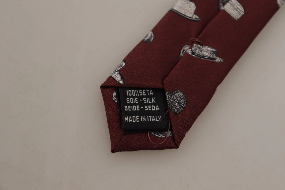 Dolce & Gabbana Maroon Hat Pattern 100% Silk Adjustable Accessory Tie - Neckties