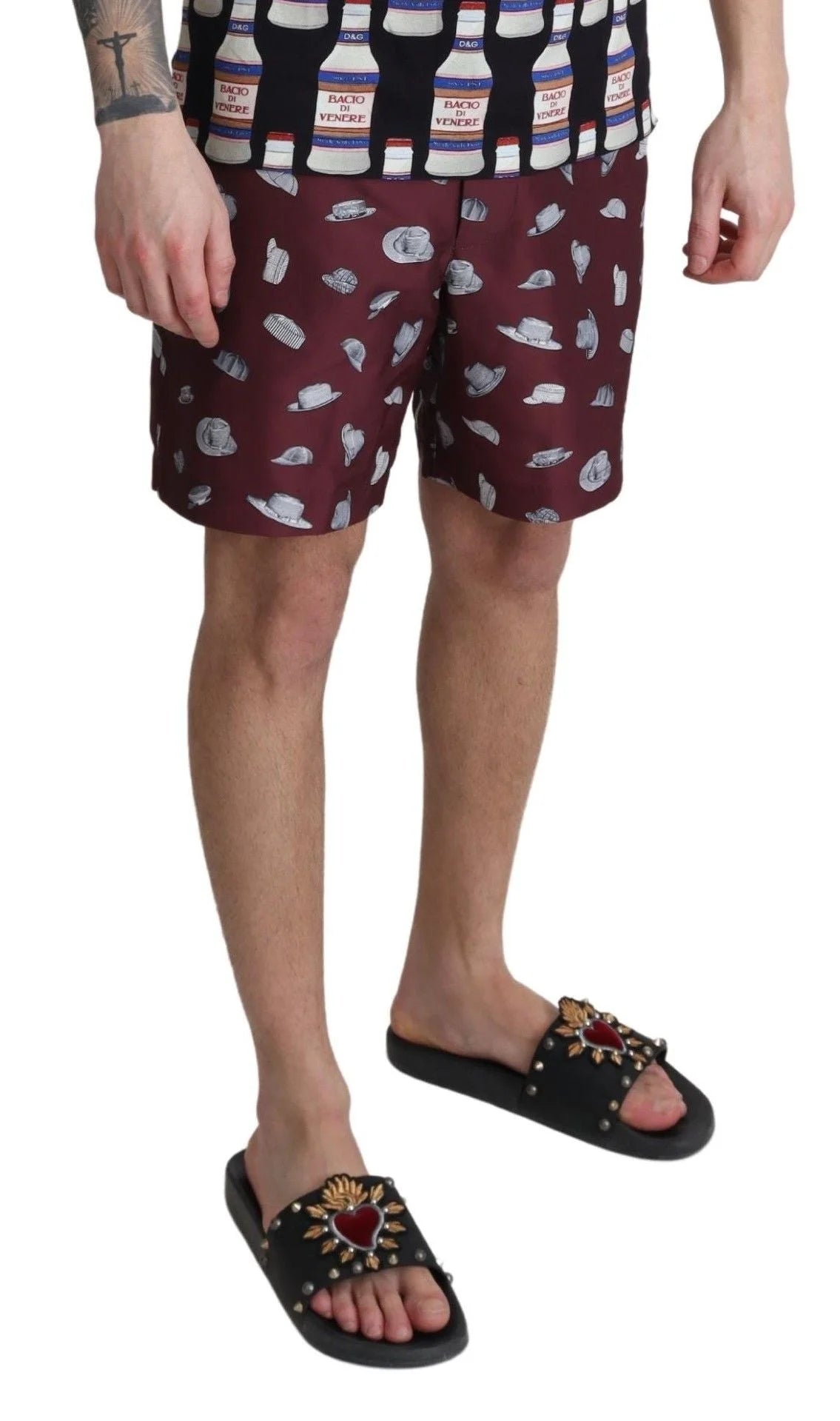 Dolce & Gabbana Maroon Hats Print Beachwear Shorts Swimwear - IT4 | S - Boardshorts
