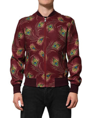 Dolce & Gabbana Maroon Peacock Feather Print Bomber Jacket - IT48 | M - Bomber Jackets