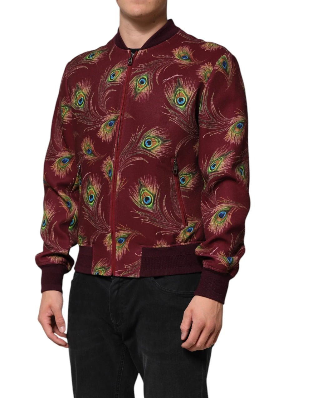 Dolce & Gabbana Maroon Peacock Feather Print Bomber Jacket - IT48 | M - Bomber Jackets