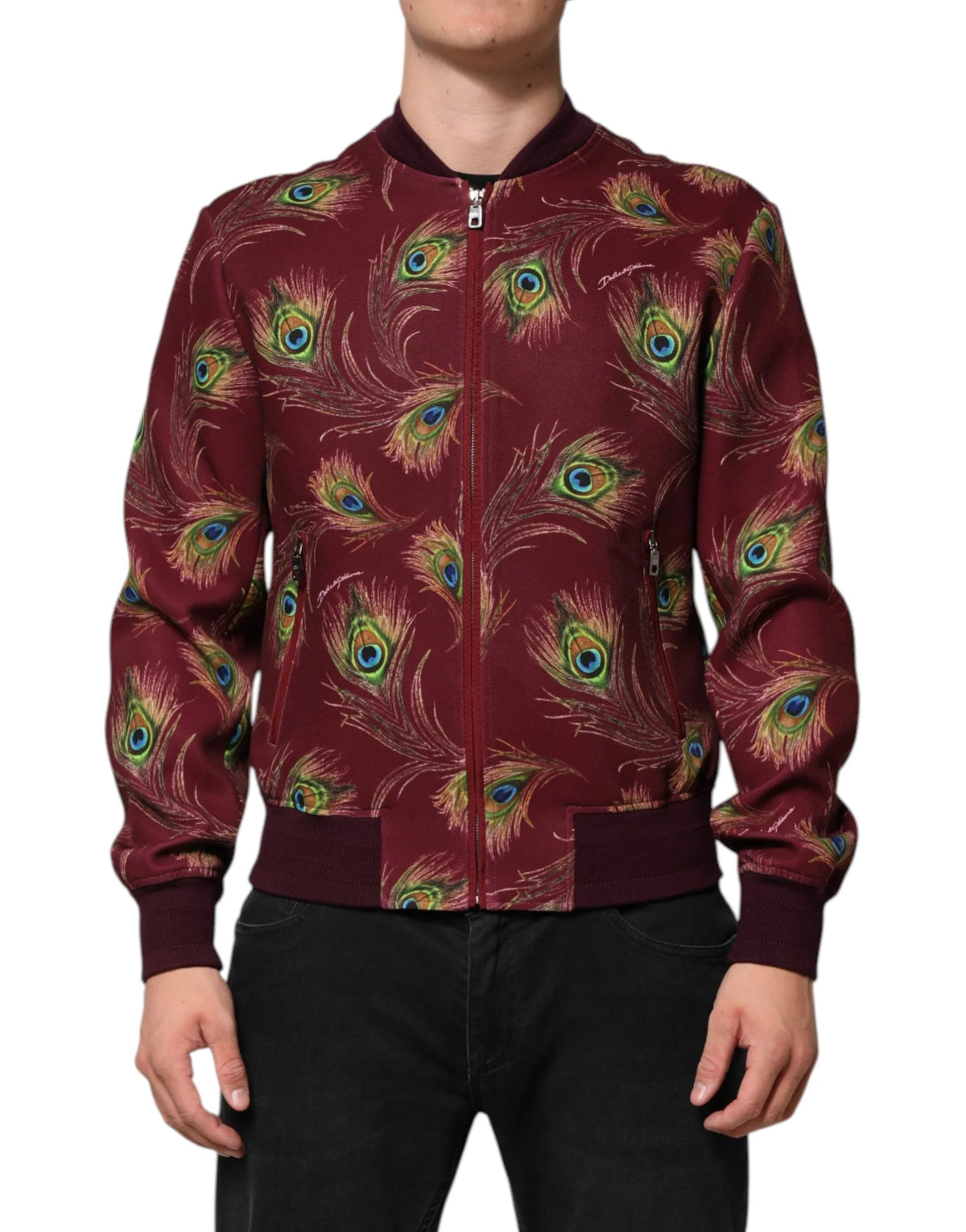 Dolce & Gabbana Maroon Peacock Feather Print Bomber Jacket - IT48 | M - Bomber Jackets