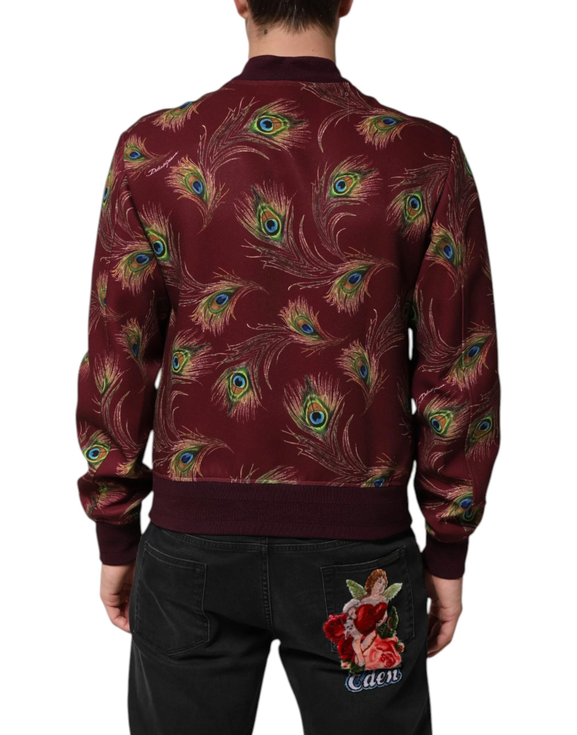 Dolce & Gabbana Maroon Peacock Feather Print Bomber Jacket - IT48 | M - Bomber Jackets