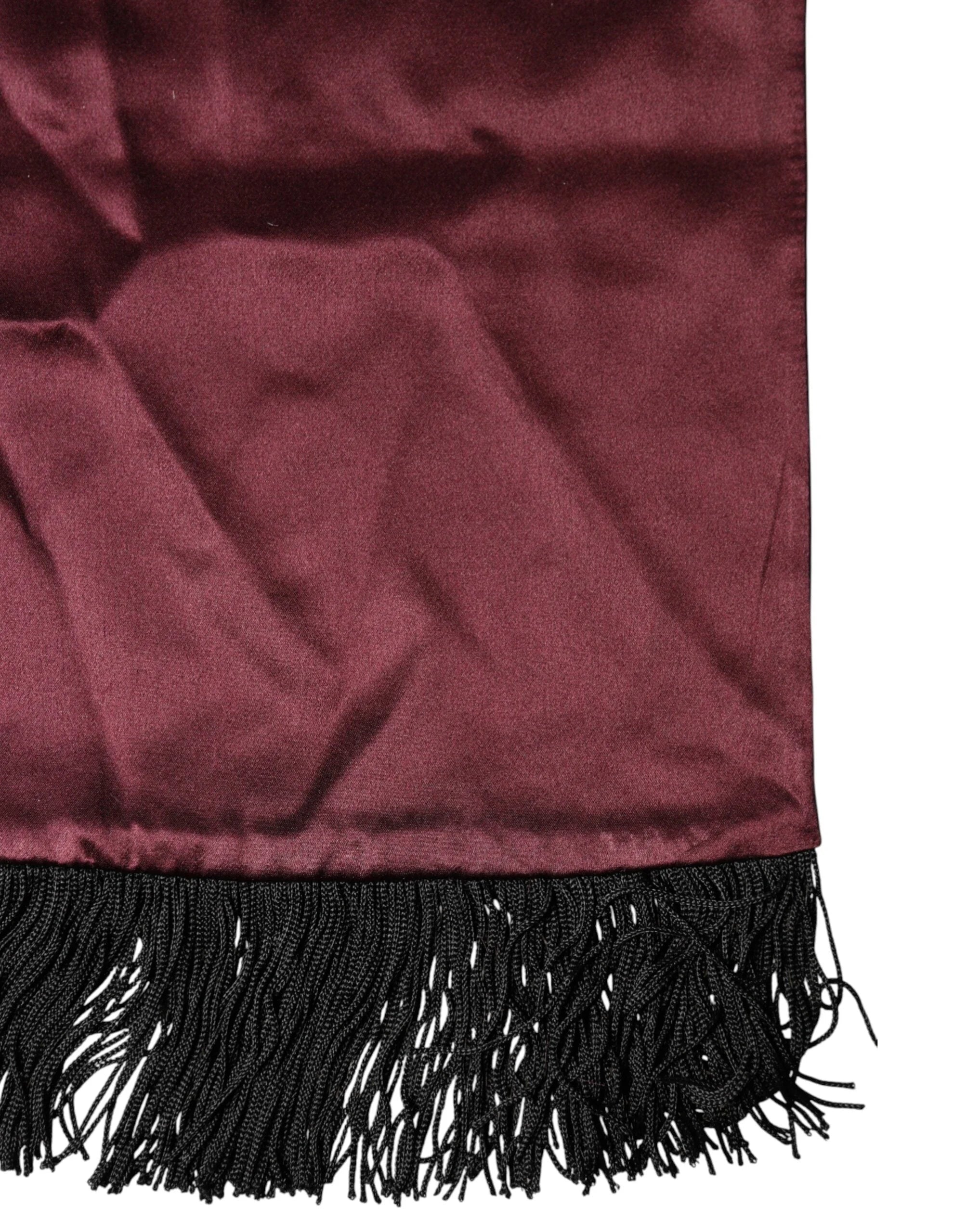 Dolce & Gabbana Maroon Silk Satin Fringes Neck Foulard Scarf