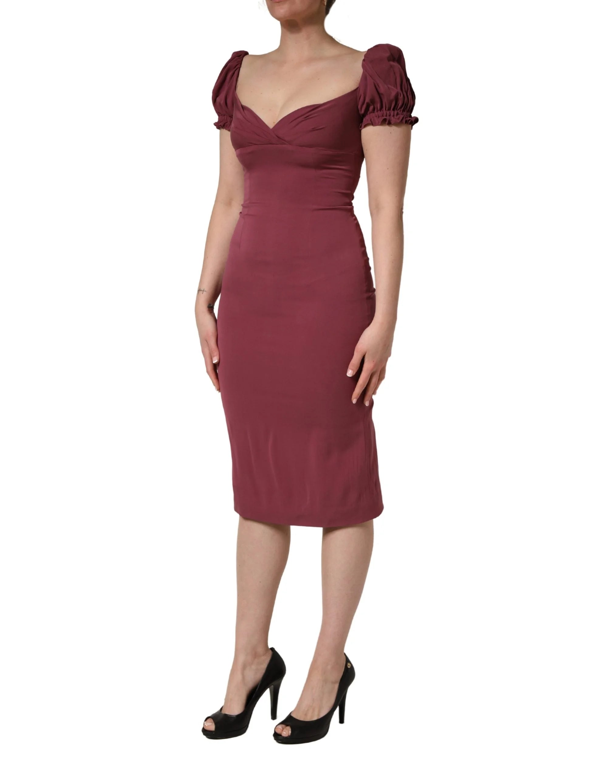 Dolce & Gabbana Purppuranpunainen Silkkimekko Sydänkauluksella ja Muotoillulla Midipituudella - IT40|S