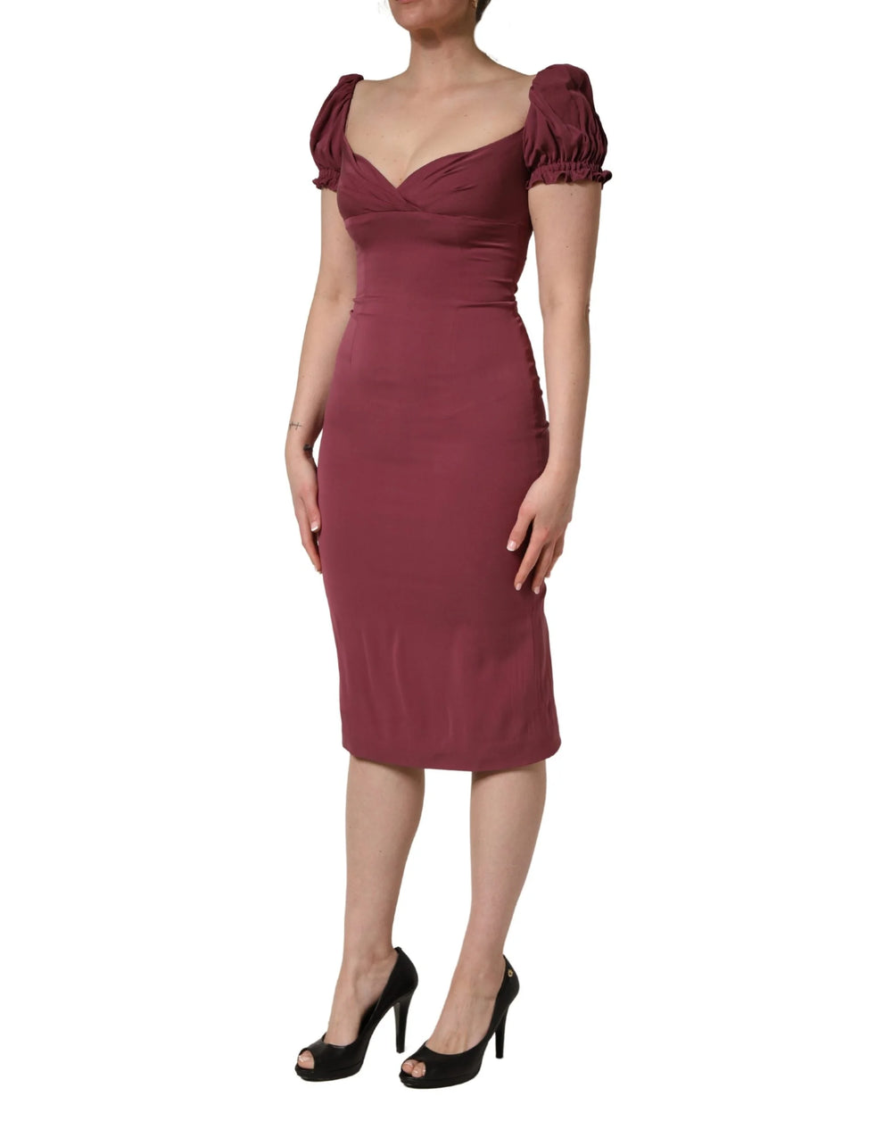 Dolce & Gabbana Purppuranpunainen Silkkimekko Sydänkauluksella ja Muotoillulla Midipituudella - IT40|S