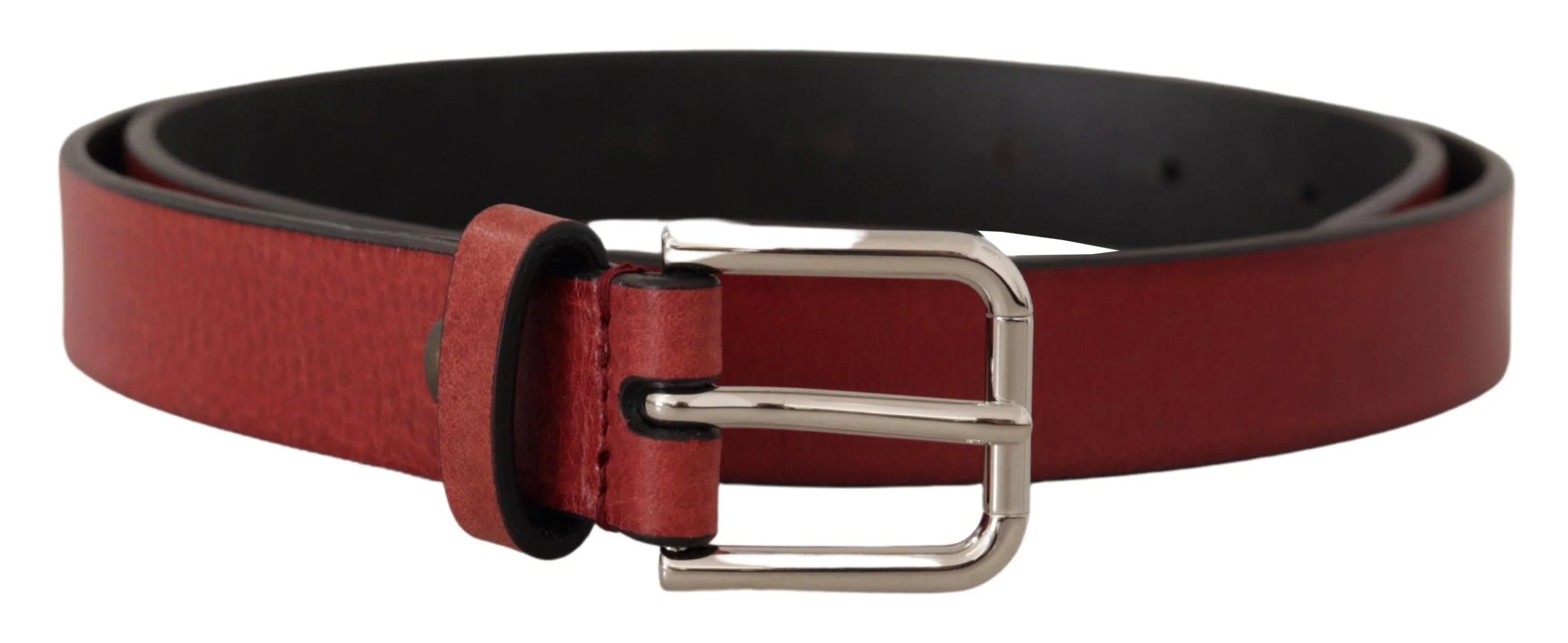 Dolce & Gabbana Maroon Vitello Leather Silver Metal Belt - 85 cm / 34 Inches - Belts