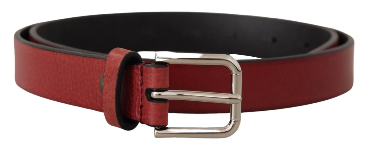 Dolce & Gabbana Maroon Vitello Leather Silver Metal Belt - 85 cm / 34 Inches - Belts