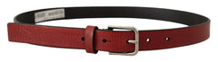 Dolce & Gabbana Maroon Vitello Leather Silver Metal Belt - 85 cm / 34 Inches - Belts