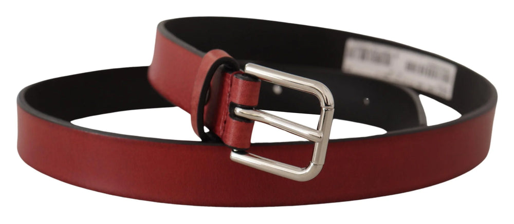 Dolce & Gabbana Maroon Vitello Leather Silver Metal Belt - 85 cm / 34 Inches - Belts