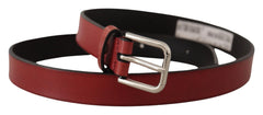 Dolce & Gabbana Maroon Vitello Leather Silver Metal Belt - 85 cm / 34 Inches - Belts