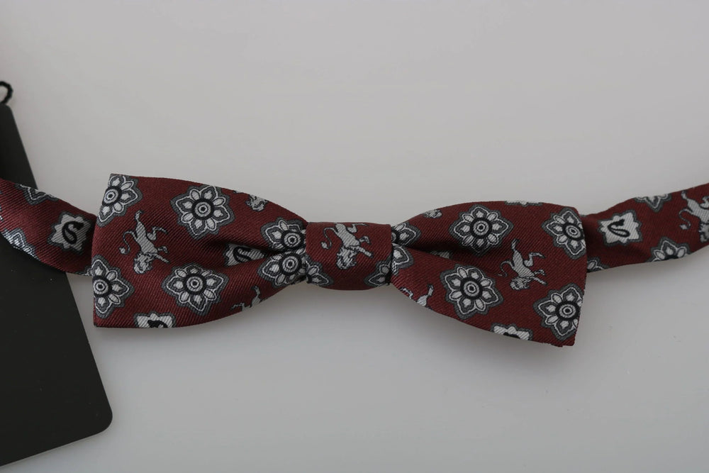 Dolce & Gabbana Men Bordeaux Maroon Lion Silk Adjustable Neck Bow Tie - Neckties
