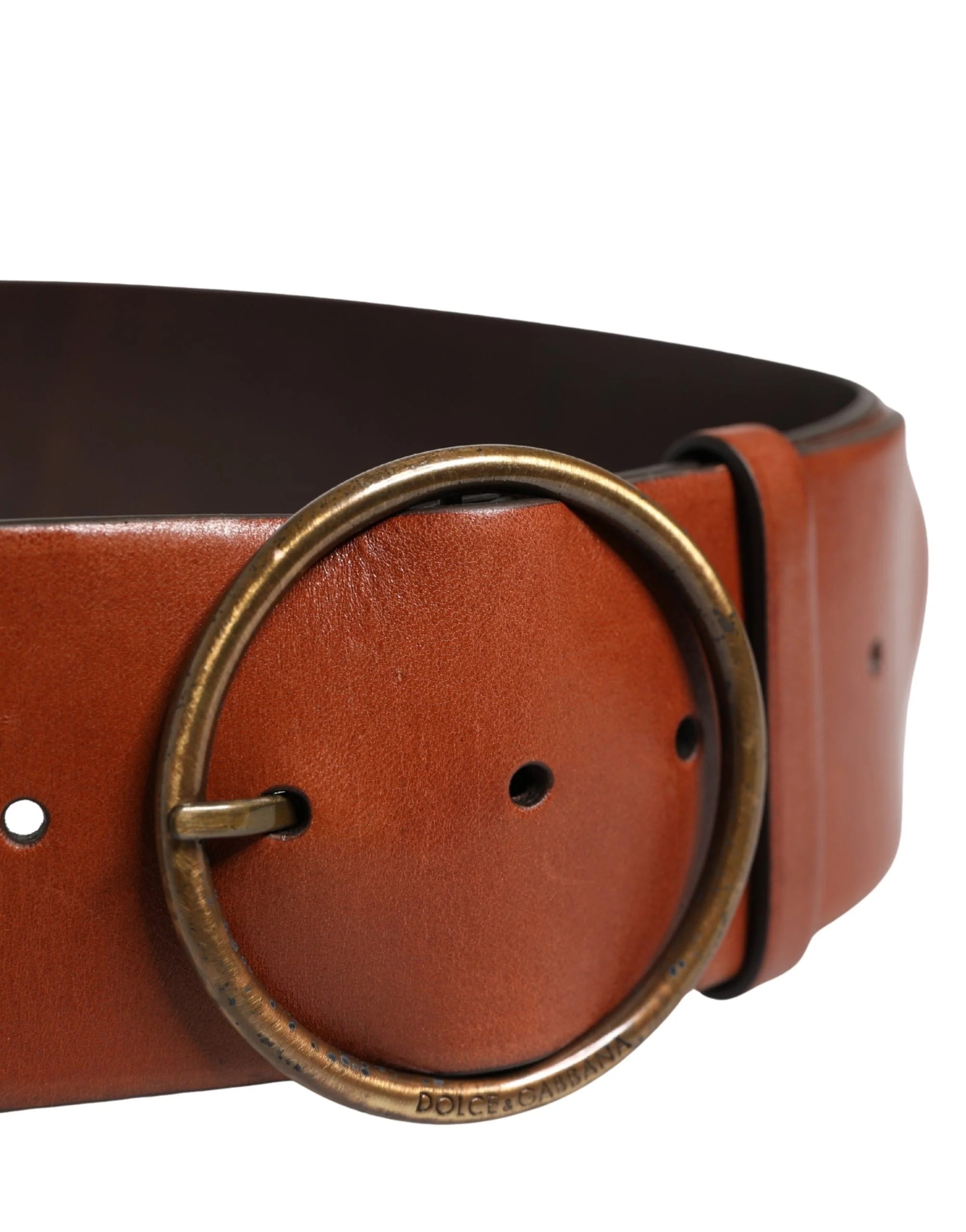 Dolce & Gabbana Men Brown Leather Wide Waist Metal Round Buckle Belt - 90 cm / 36 Inches