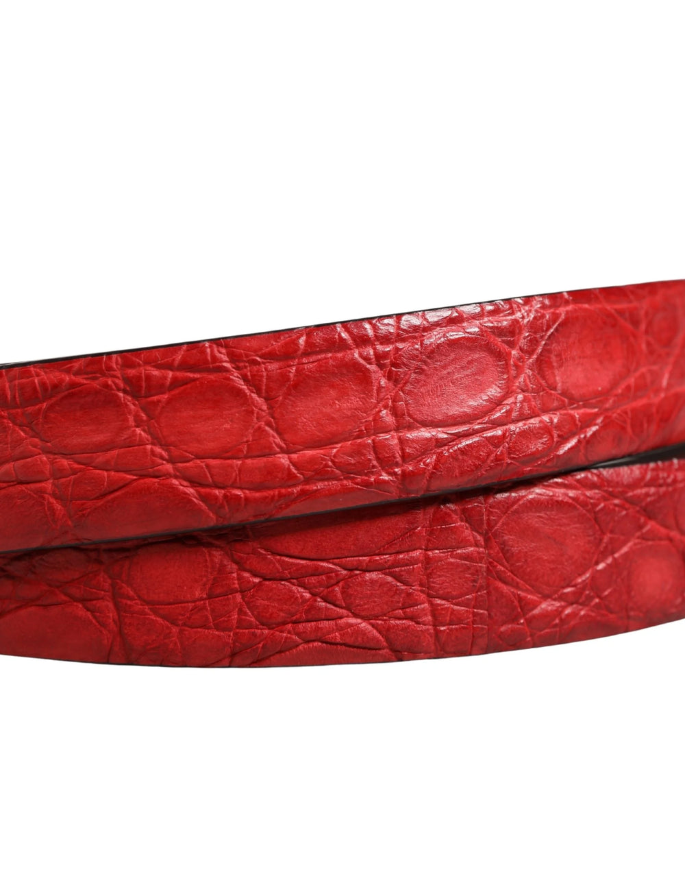 Detailný záber na hrot opasku a nastavovacie otvory na červenom exotickom koženom doplnku Dolce & Gabbana.