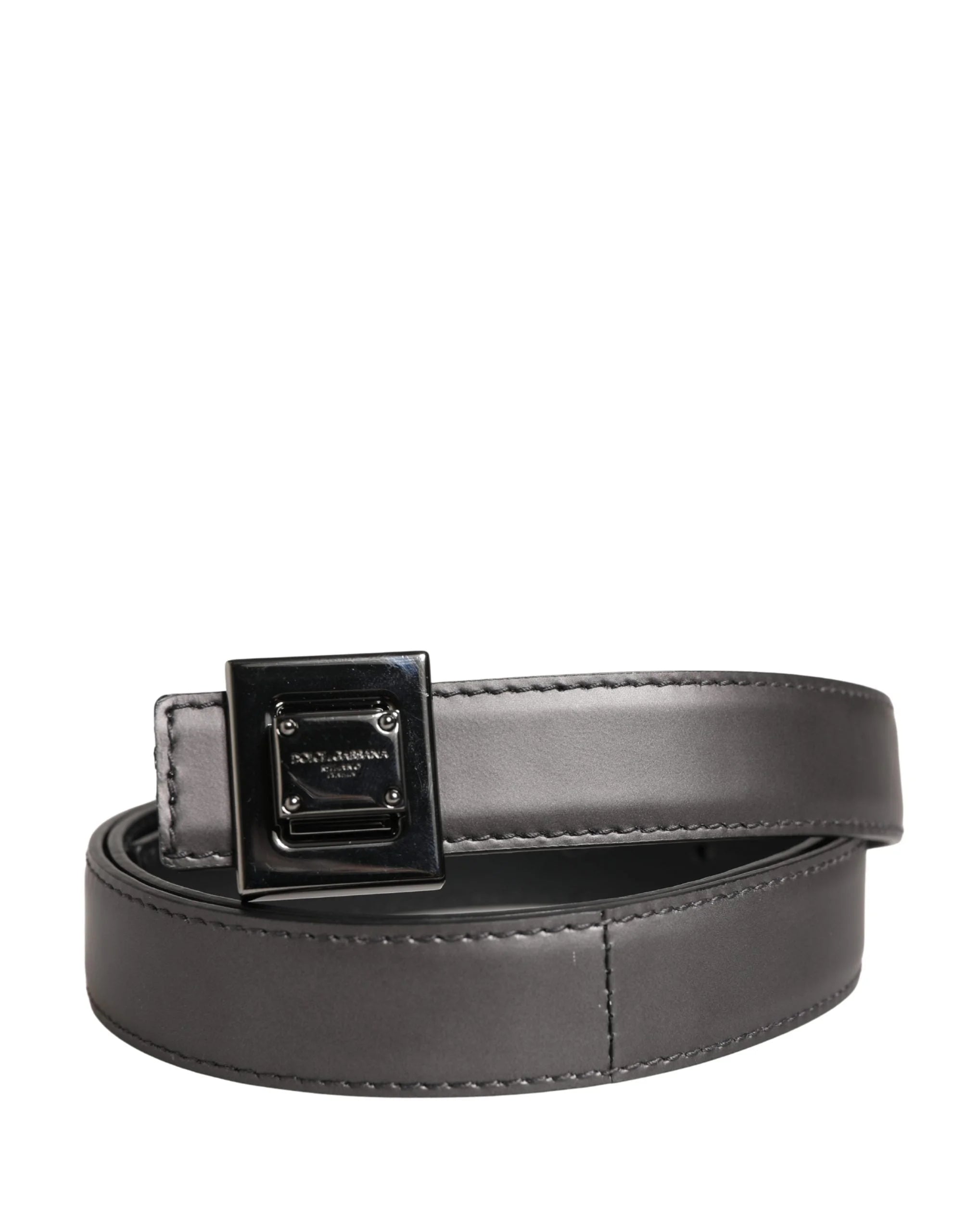 Dolce & Gabbana Men Silver Classic Leather Square Buckle Belt - 85 cm / 34 Inches