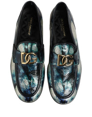 Dolce & Gabbana Metallic Blue Silver Leather DG Loafers Shoes