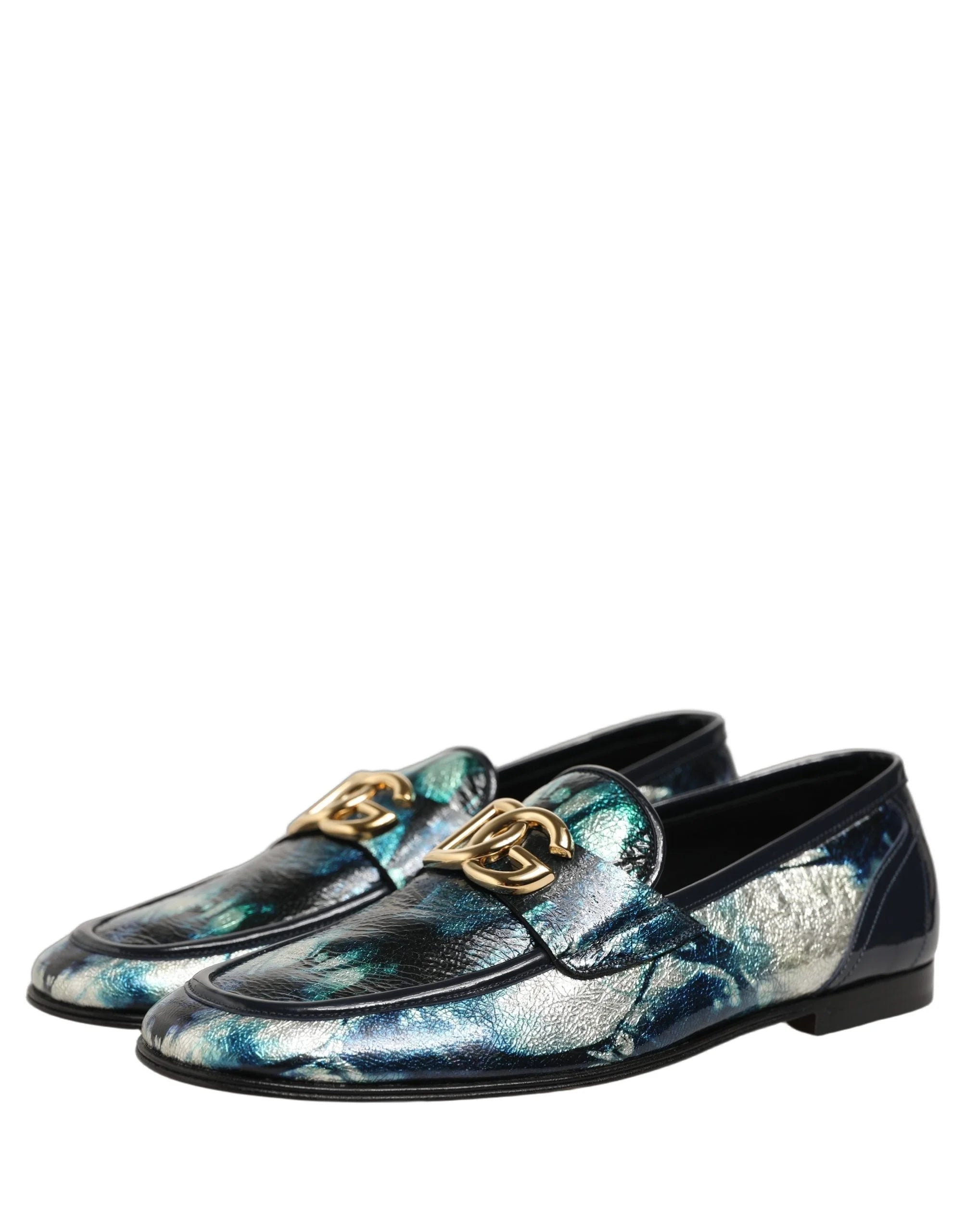 Dolce & Gabbana Metallic Blue Silver Leather DG Loafers Shoes