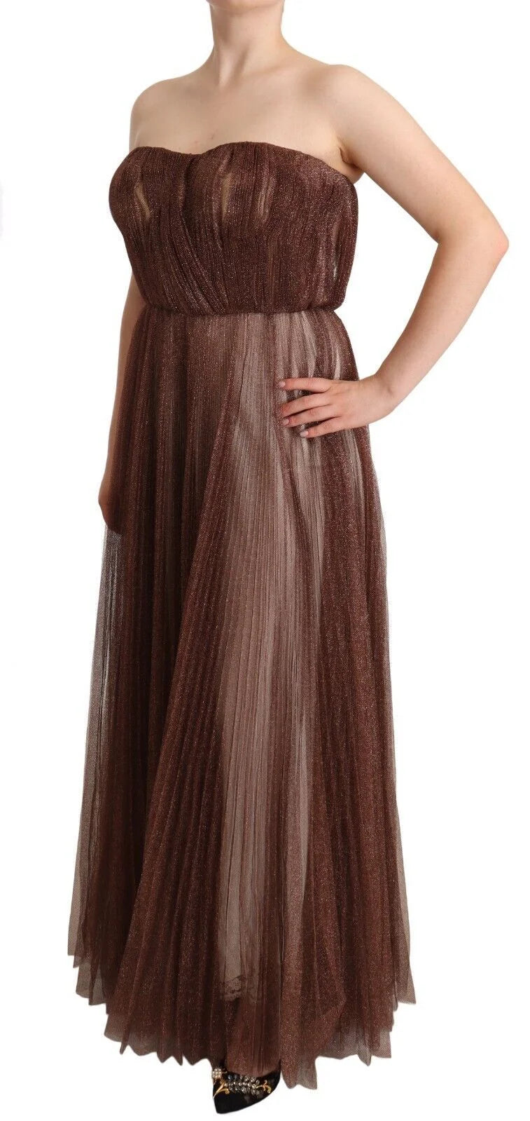 Dolce & Gabbana Metallic Bronze Polyester Maxi Gown Dress - IT46|XL - Dresses