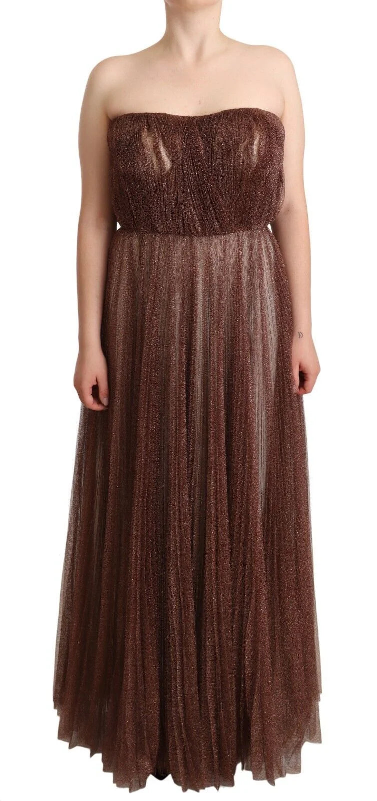 Dolce & Gabbana Metallic Bronze Polyester Maxi Gown Dress - IT46|XL - Dresses