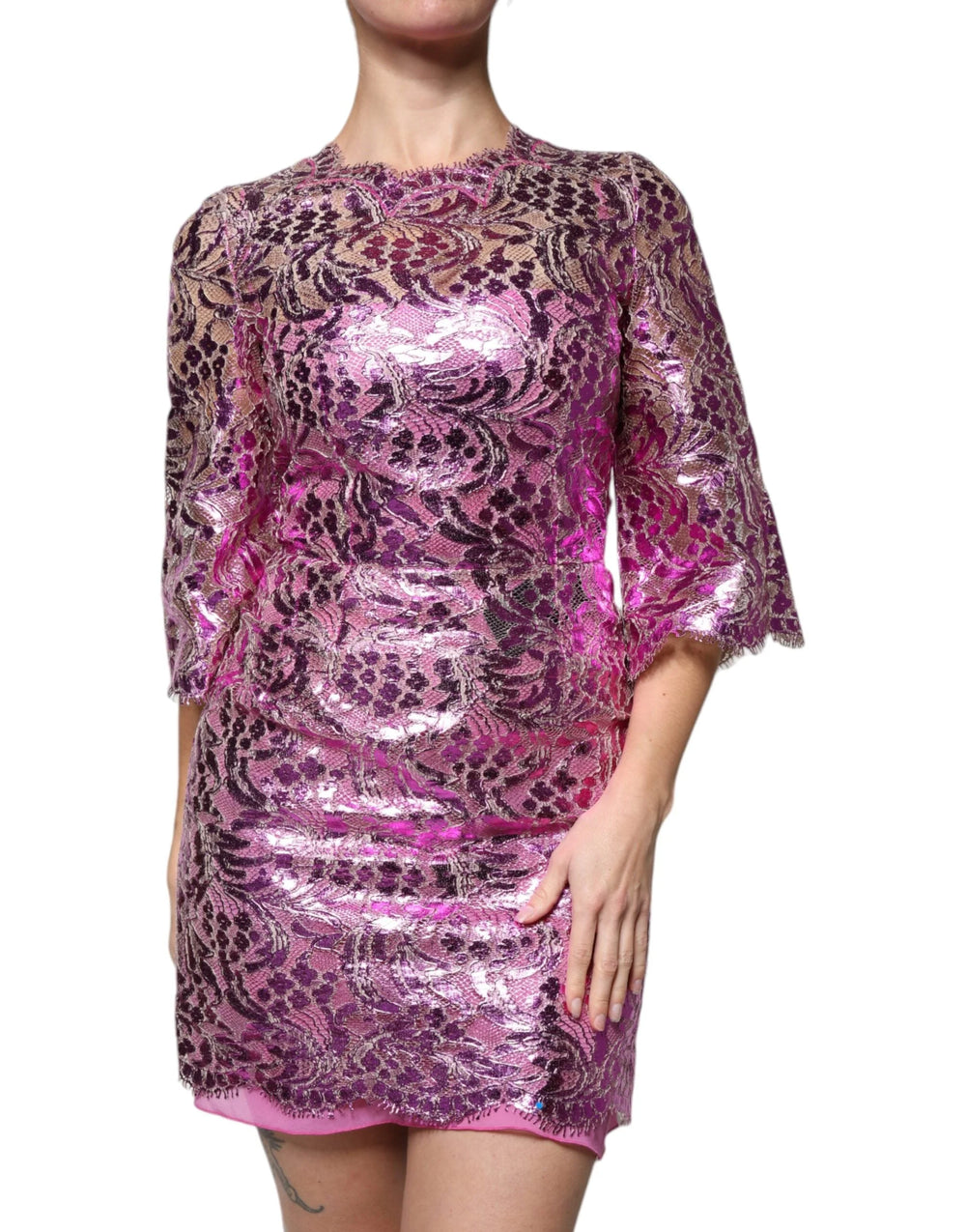 Dolce & Gabbana Metallic Fuchsia Floral Sheath Mini Dress - IT40|S - Dresses