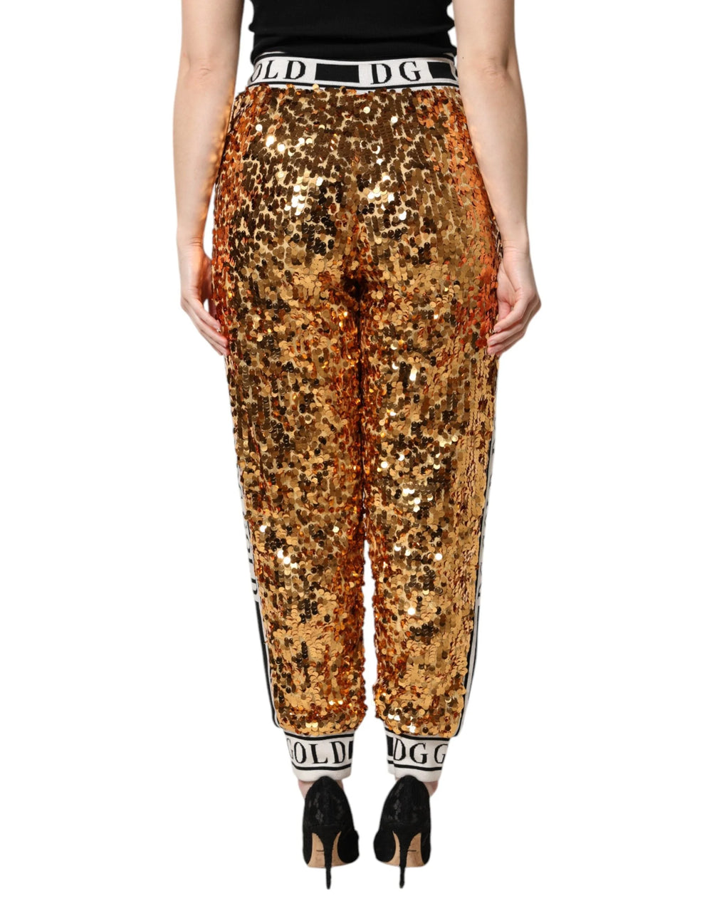 Dolce & Gabbana Metallic Gold DG Logo Sequined Jogger Pants - Joggers