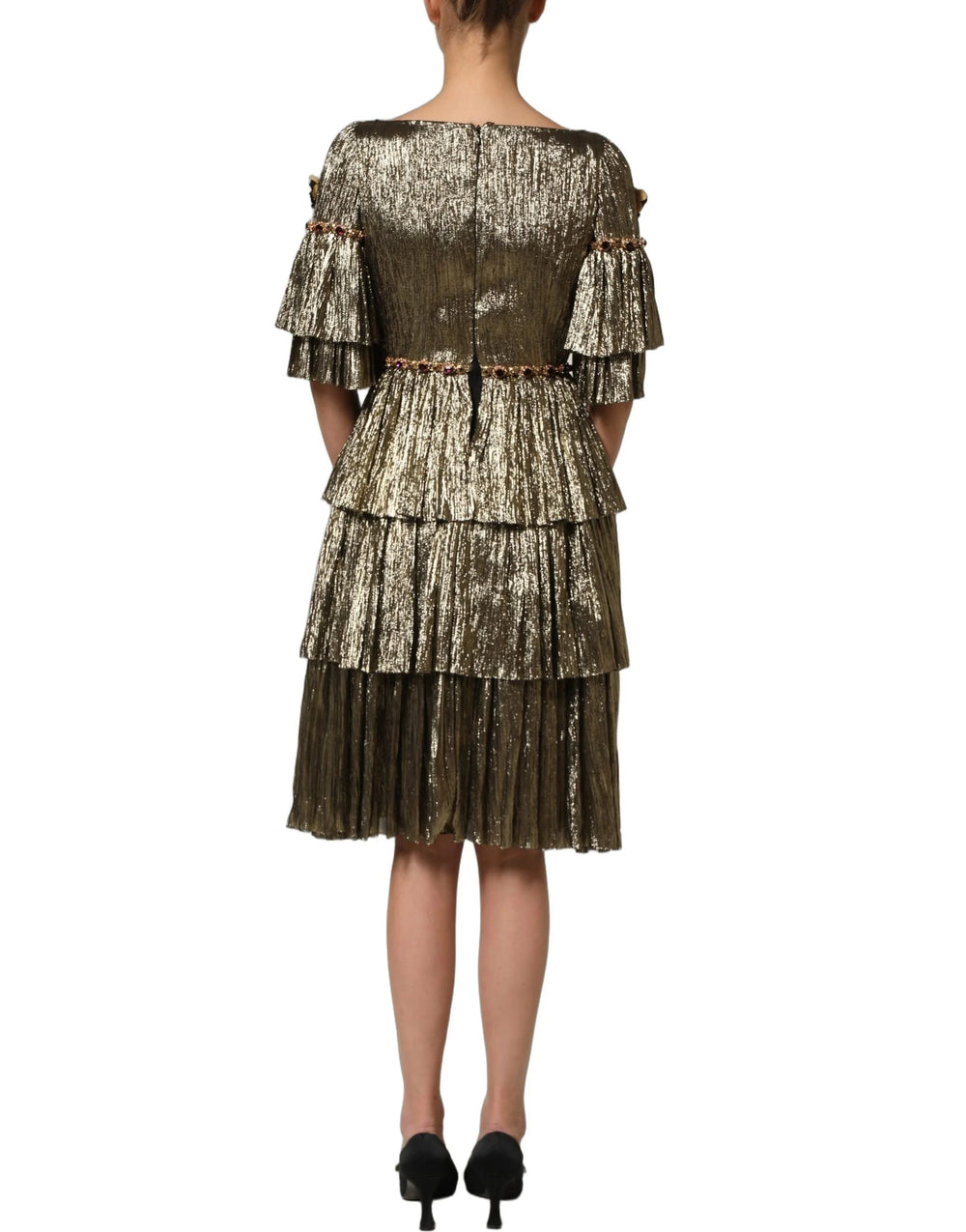 Dolce & Gabbana Metallic Gold Embellished Tiered Midi Dress - IT38 | XS