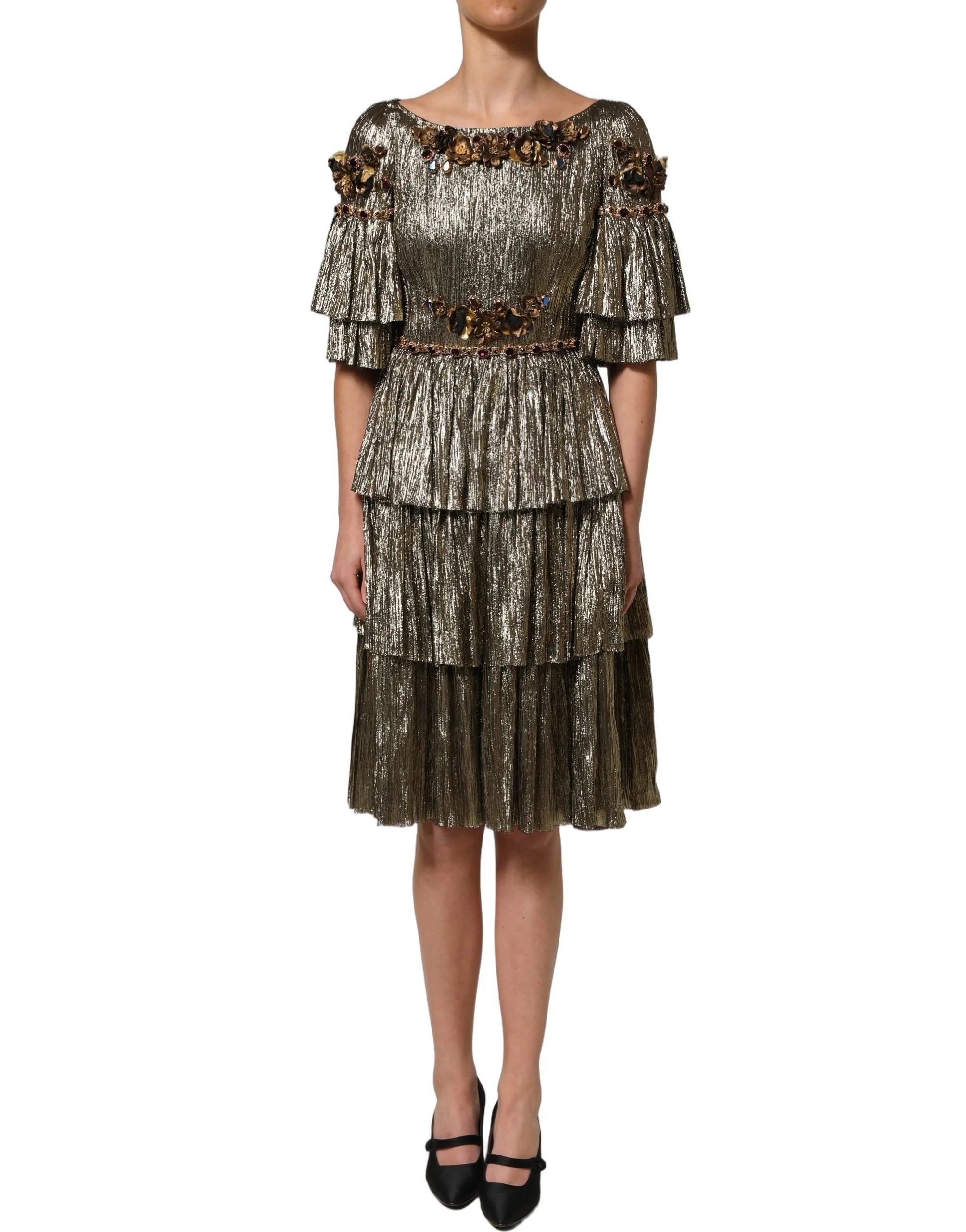 Dolce & Gabbana Metallic Gold Embellished Tiered Midi Dress - IT38 | XS