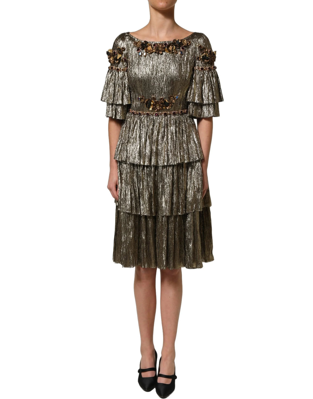 Dolce & Gabbana Metallic Gold Embellished Tiered Midi Dress - IT38 | XS