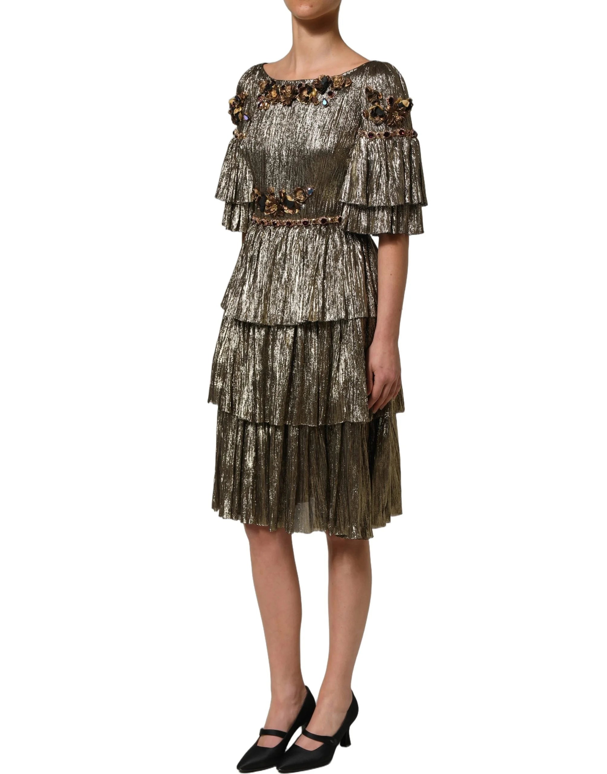 Dolce & Gabbana Metallic Gold Embellished Tiered Midi Dress - IT38 | XS