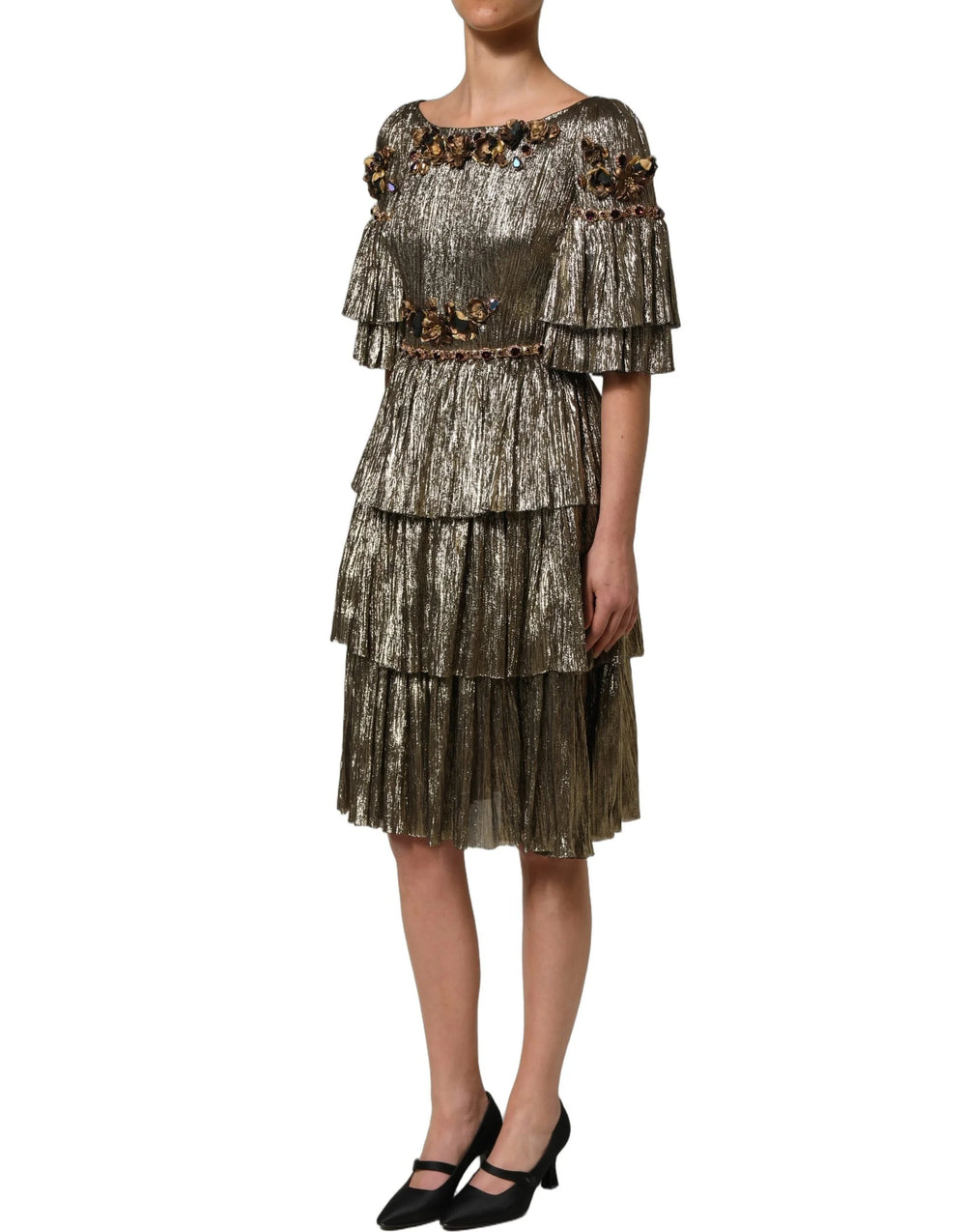 Dolce & Gabbana Metallic Gold Embellished Tiered Midi Dress - IT38 | XS