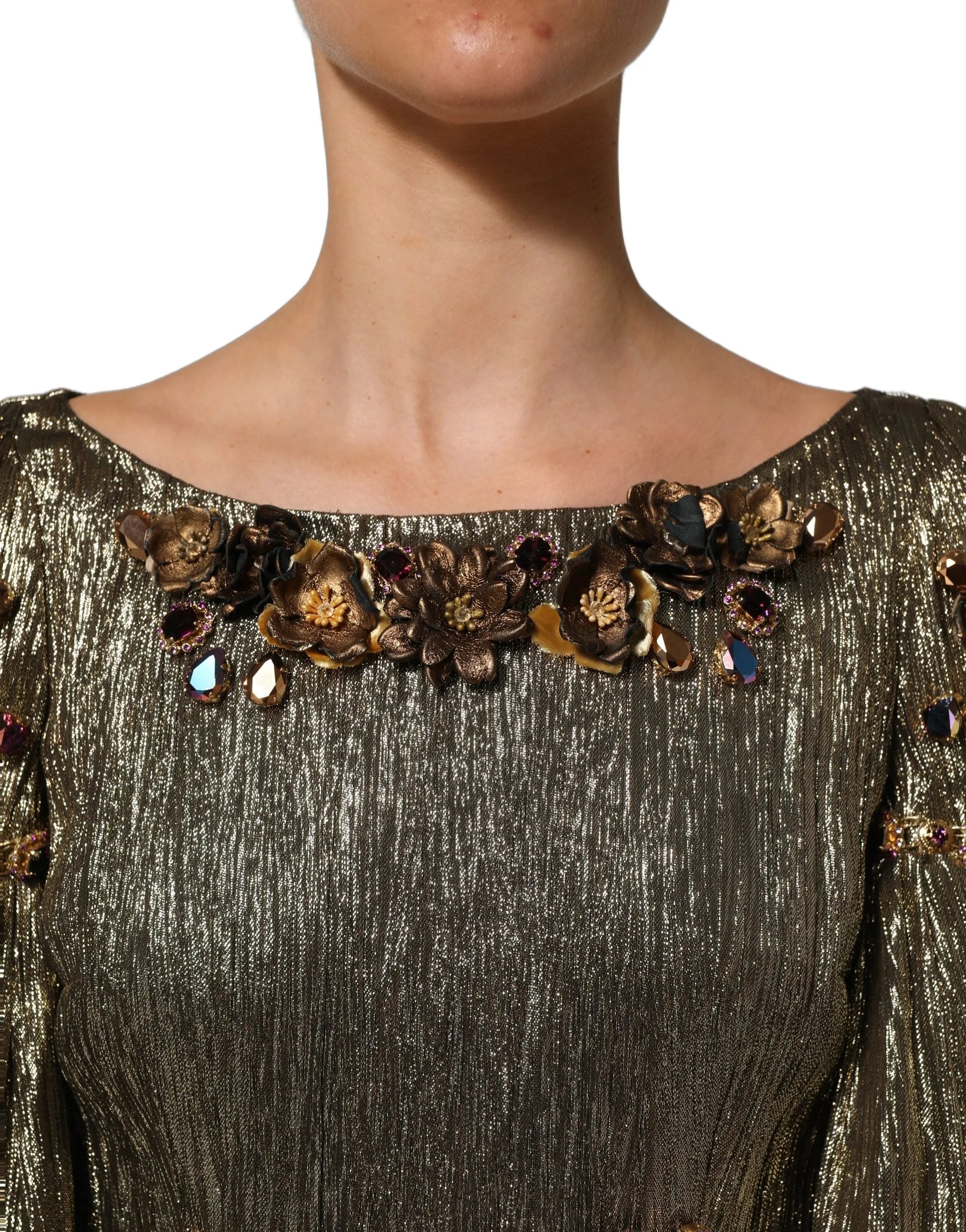 Dolce & Gabbana Metallic Gold Embellished Tiered Midi Dress - IT38 | XS