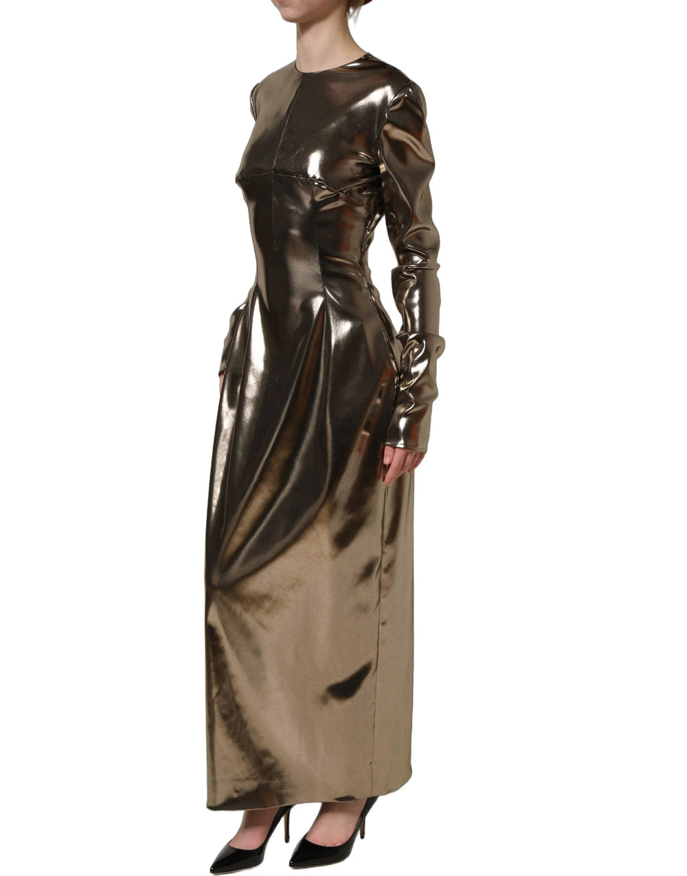 Dolce & Gabbana Metallic Gold Polyester LongSleeve Maxi Dress - IT40|S