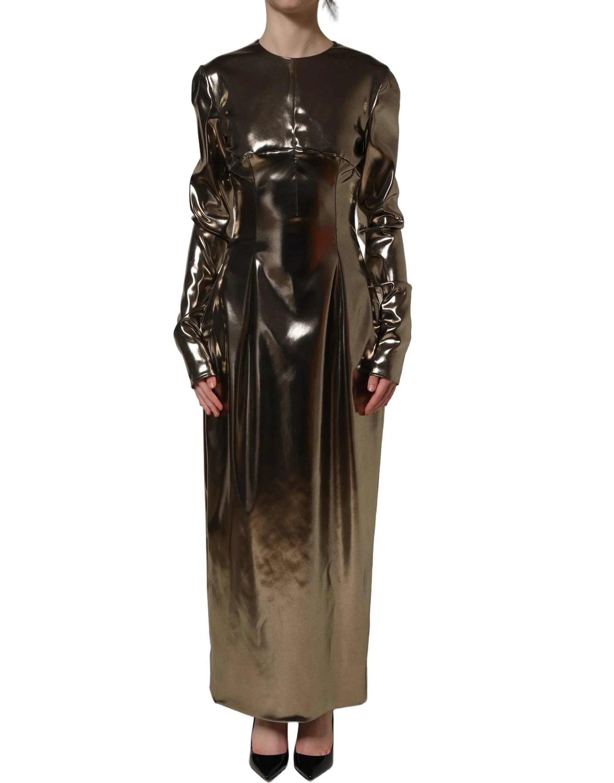 Dolce & Gabbana Metallic Gold Polyester LongSleeve Maxi Dress - IT40|S