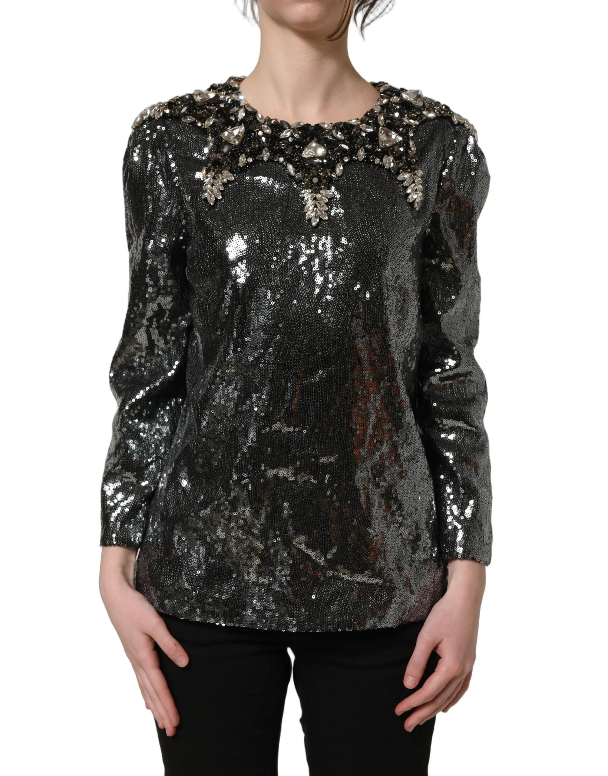 Dolce & Gabbana Metallic Gray Sequin Embellished Blouse Top - IT36|XXS