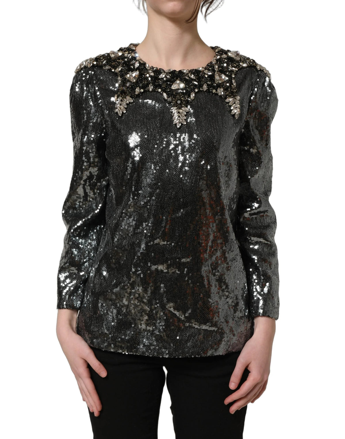 Dolce & Gabbana Metallic Gray Sequin Embellished Blouse Top - IT36|XXS