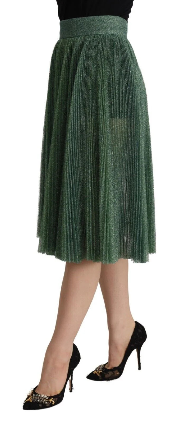 Dolce & Gabbana Metallic Green High Waist A-line Pleated Skirt - IT40|S